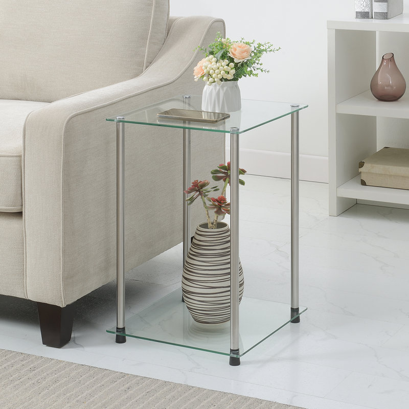 Beckett Square Glass End Table with Stainless Steel Metal Poles